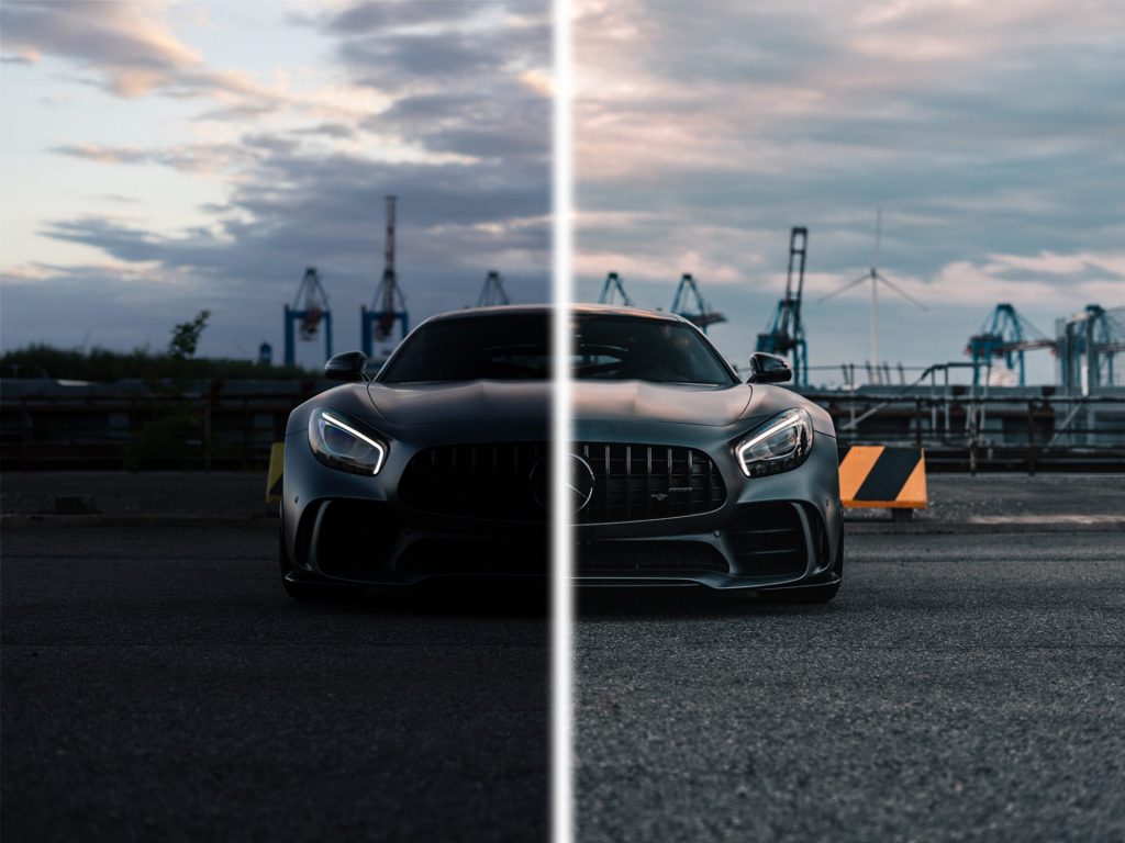 Une magnifique photo de voiture, scindée en deux puisque la partie de gauche est la photo originale et celle de droite est la photo retouchée par mes soins. Un exemple de mes capacités en retouche photo.