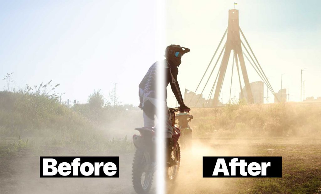 Une image "avant après" d'une photo montrant un motocycliste dans la poussiére. La partie à gauche est la photo originale et celle de droite est celle que j'ai personnellement retouchée.