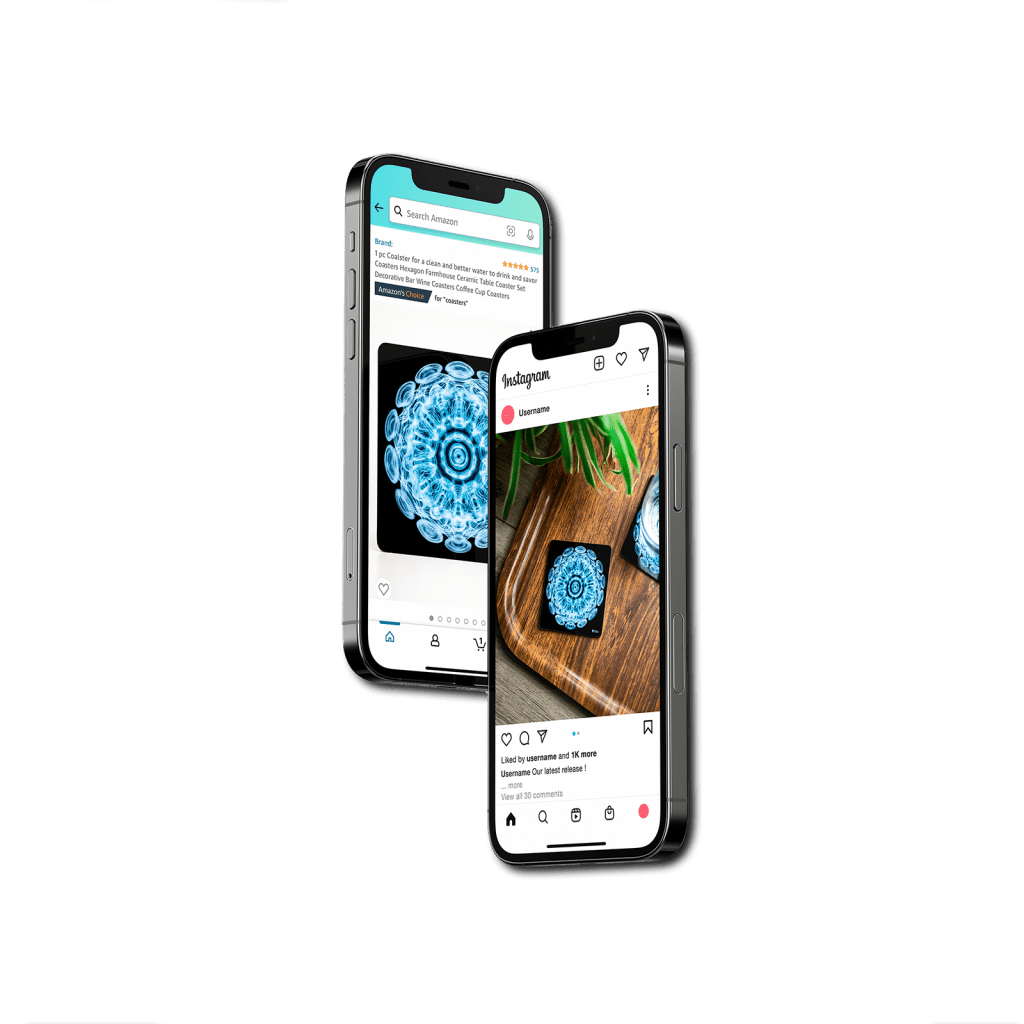 Deux iPhones présentants des photographies Packshot d'un même dessous de verre pour l'application Amazon et l'application Instagram.